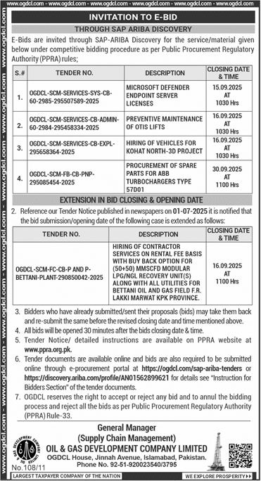 Oil & Gas Development Company Limited Islamabad Tender Notice